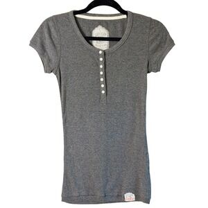 Superdry Vintage Gray Ribbed Henley Top Fitted Button Front Y2K Basic